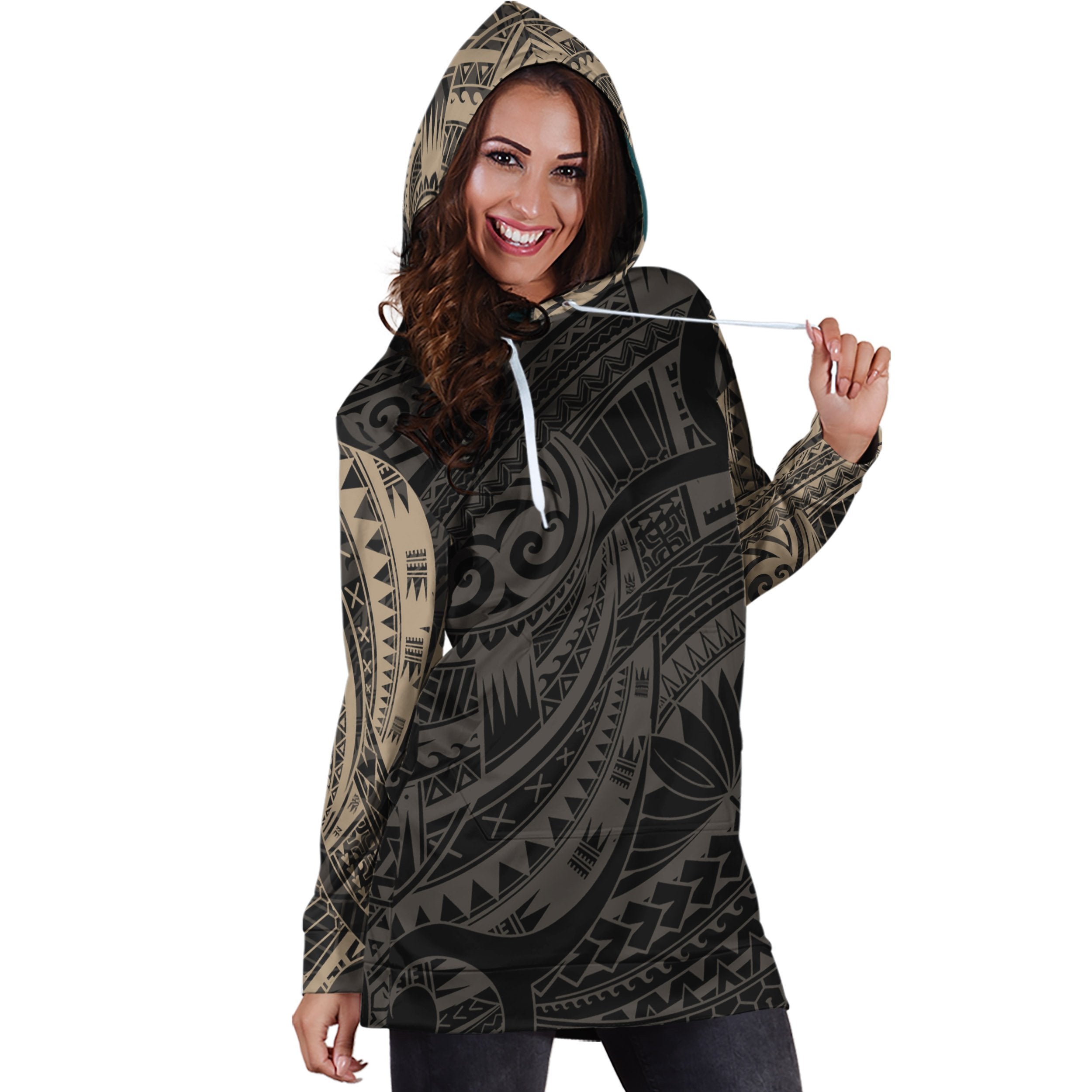 3D All Over Maori Tattoo Hoodie Dress Gold-Apparel-HD09-Hoodie Dress-S-Vibe Cosy™