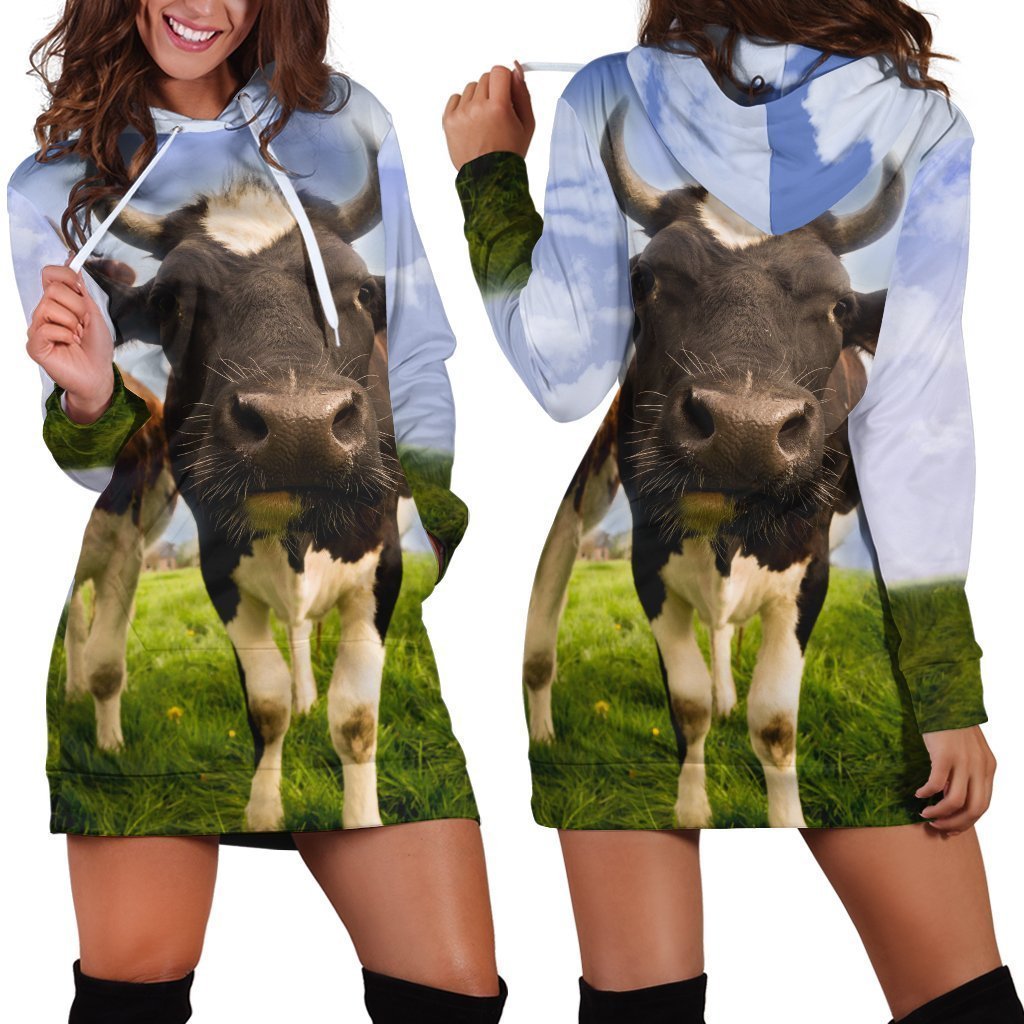 3D All Over Printed Cow And Flower Hoodie Dress-Apparel-HD09-Hoodie Dress-S-Vibe Cosy™
