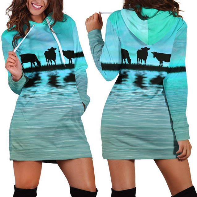 Sunset and Cow Blue Backgroud Hoodie Dress-Apparel-HD09-Hoodie Dress-S-Vibe Cosy™