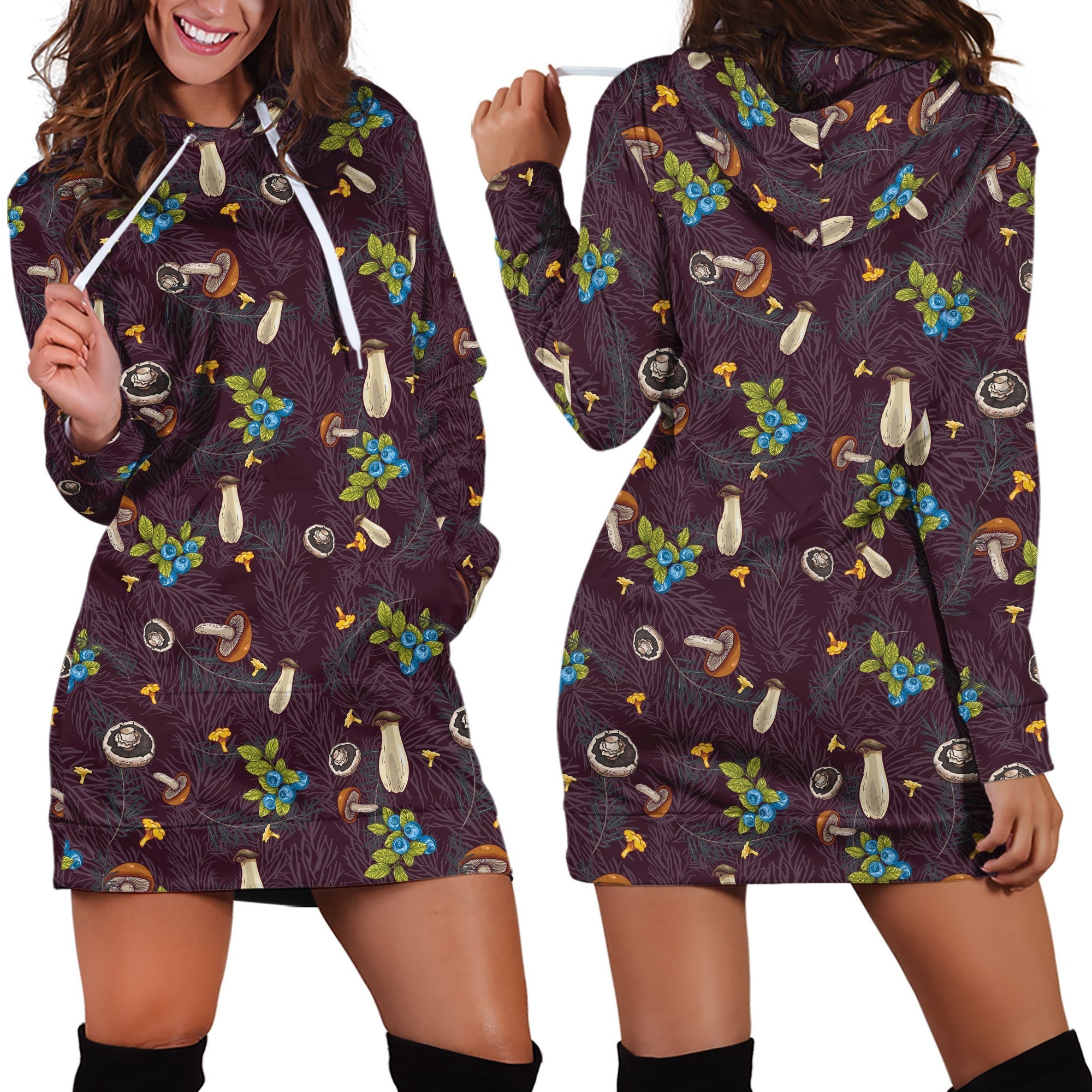 3D All Over Print Mushrooms and Blueberry Hoodie Dress-Apparel-NTH-Hoodie Dress-S-Vibe Cosy™