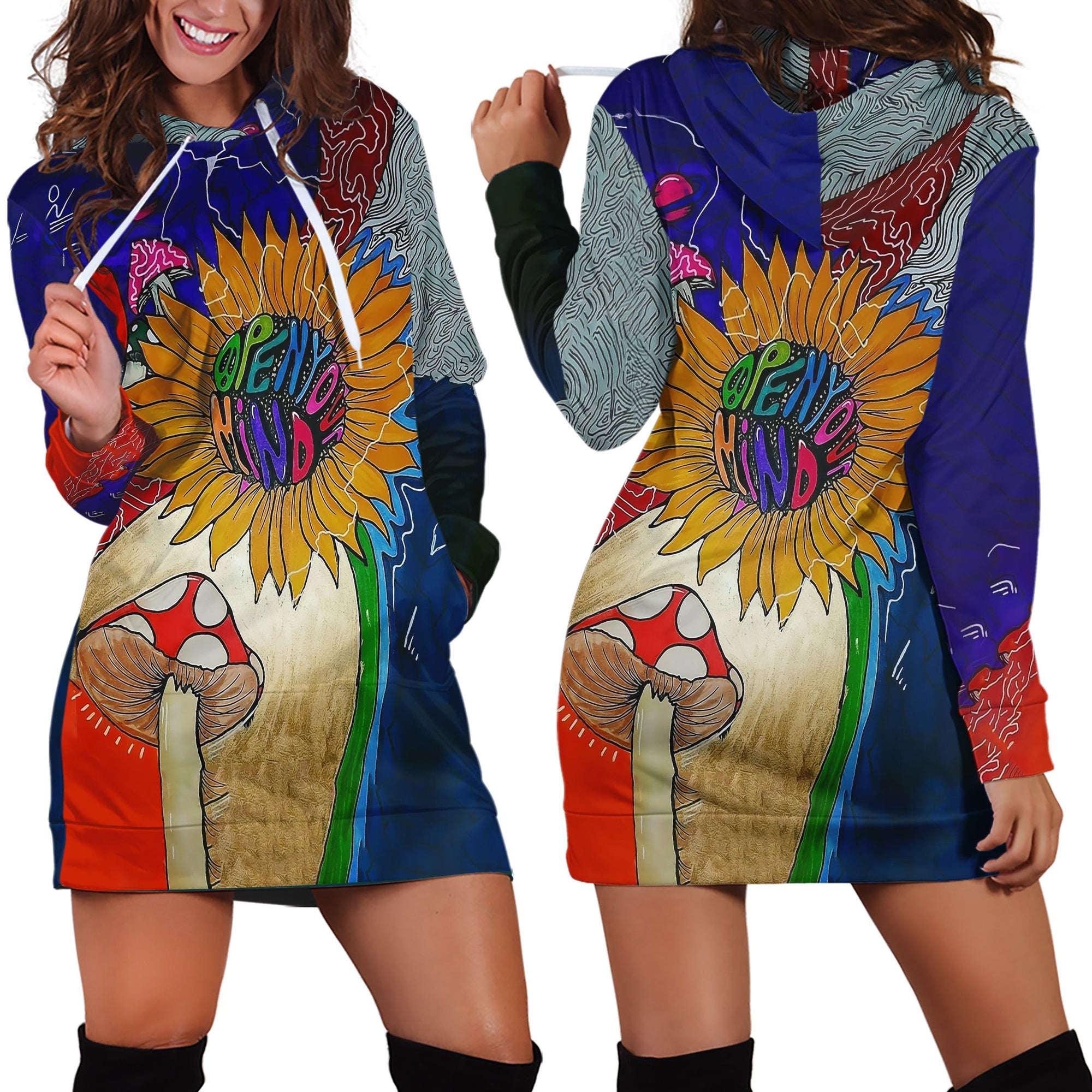 Flower Mushrooms Hippie Hoodie Dress-Apparel-NTH-Hoodie Dress-S-Vibe Cosy™