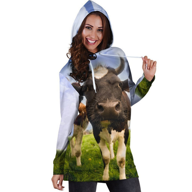 3D All Over Printed Cow And Flower Hoodie Dress-Apparel-HD09-Hoodie Dress-S-Vibe Cosy™