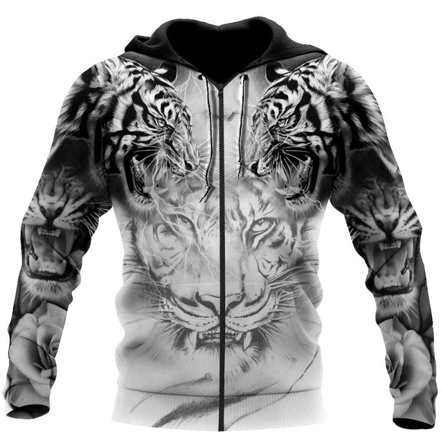 Double White Tiger Tattoo Over Printed Shirt For Men and Women