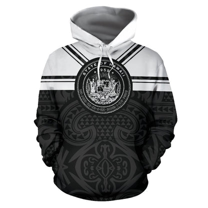 Hawaii Coat Of Arms Hoodie - Black And White J9-ALL OVER PRINT HOODIES (P)-Phaethon-Hoodie-S-Vibe Cosy™