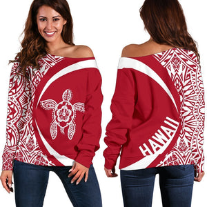 Hawaii Turtle Polynesian Women's Off Shoulder Sweater - Circle Style - AH - Red J9-WOMENS OFF SHOULDER SWEATERS-Phaethon-Women's Off Shoulder Sweater-2XS-White-Vibe Cosy™