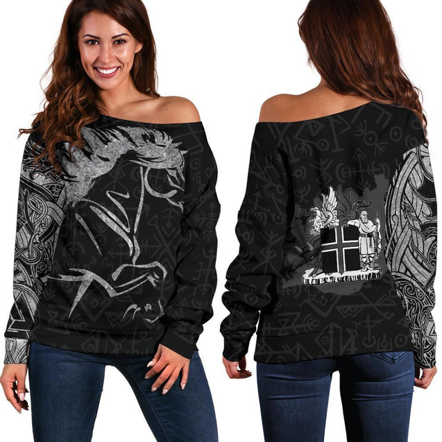 Icelandic Horse Hoodie Viking Style-Apparel-HP Arts-Women's Off Shoulder Sweater-S-Vibe Cosy™