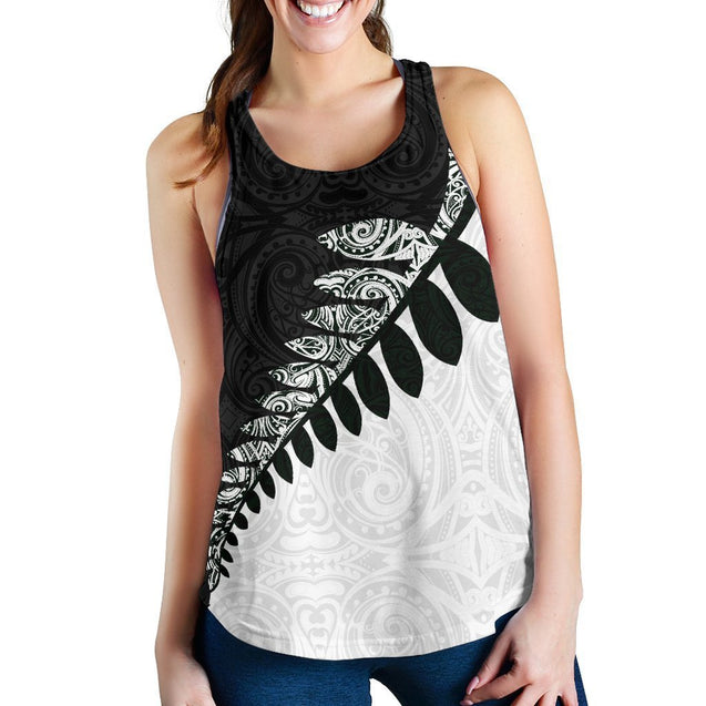 Silver Fern Women's Racerback Tank Black White K4-WOMENS RACERBACK TANK-HD09-Racerback Tank Top - .-XS-Vibe Cosy™