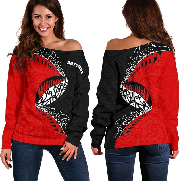 Aotearoa Rugby Fern Off Shoulder Sweater Red K4-WOMENS OFF SHOULDER SWEATERS-HD09-Women's Off Shoulder Sweater - .-2XS-Vibe Cosy™
