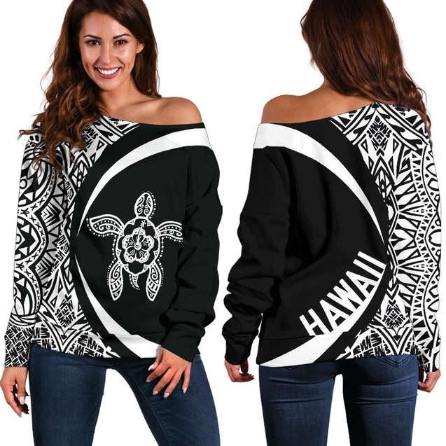 Hawaii Turtle Polynesian Women's Off Shoulder Sweater - Circle Style - AH - Whitle J9-WOMENS OFF SHOULDER SWEATERS-Phaethon-Women's Off Shoulder Sweater-2XS-White-Vibe Cosy™