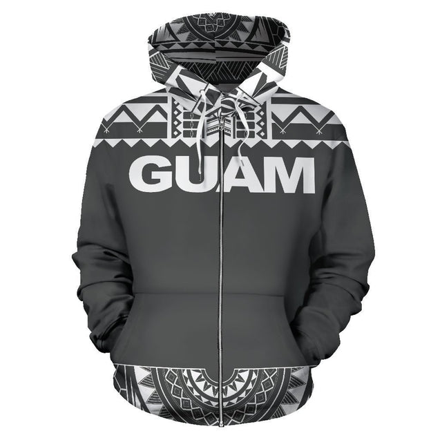 Guam All Over Zip-Up Hoodie - Polyneian Grey And White-ALL OVER PRINT ZIP-UP HOODIES-HP Arts-Zip-Up Hoodie-S-Grey And White-Vibe Cosy™