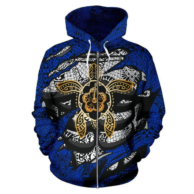 Aloha Turtle Hibiscus Polynesian Blue Hoodie-ALL OVER PRINT ZIP HOODIES (P)-Phaethon-Zip-Up Hoodie-S-Vibe Cosy™