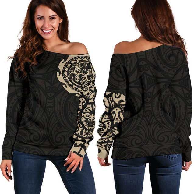 Maori Tangaroa New Zealand Off Shoulder Sweater - Tan A7-WOMENS OFF SHOULDER SWEATERS-HD09-Women's Off Shoulder Sweater - .-2XS-Vibe Cosy™