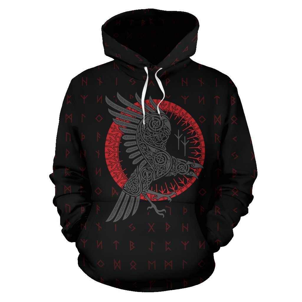 Viking Odin's Raven Old Runes Style Hoodie A7-ALL OVER PRINT HOODIES (P)-HP Arts-Hoodie-S-Black and Red-Vibe Cosy™
