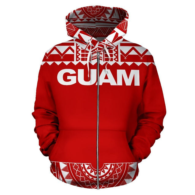 Guam All Over Zip-Up Hoodie - Polynesian Red And White-ALL OVER PRINT ZIP-UP HOODIES-HP Arts-Zip- Up Hoodie-S-Red And White-Vibe Cosy™