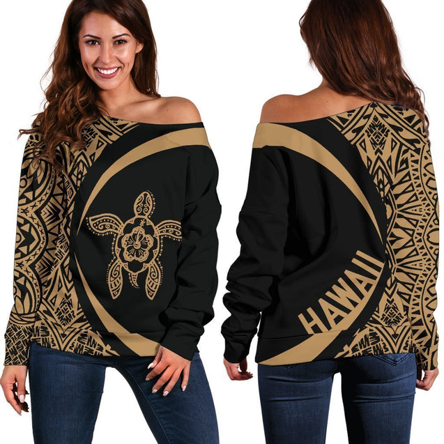 Hawaii Turtle Polynesian Women's Off Shoulder Sweater - Circle Style - AH - Golden J9-WOMENS OFF SHOULDER SWEATERS-Phaethon-Women's Off Shoulder Sweater-2XS-Vibe Cosy™