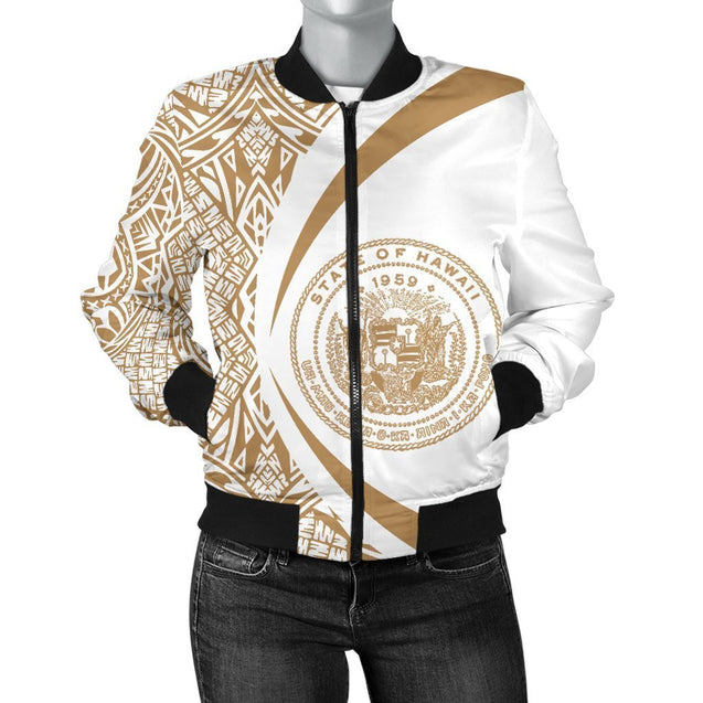 Hawaii Coat Of Arm Women's Bomber Jacket - Circle Style 06 - AH - J1-BOMBER JACKETS (P)-Phaethon-Women's Bomber Jacket-S-White-Vibe Cosy™