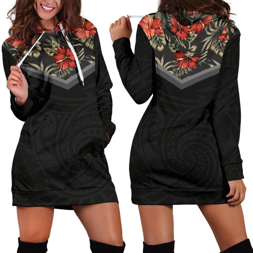 Hibiscus Hoodie Dress 01 - AH-HOODIE DRESSES (P)-Phaethon-Hoodie Dress-XS-Black-Vibe Cosy™