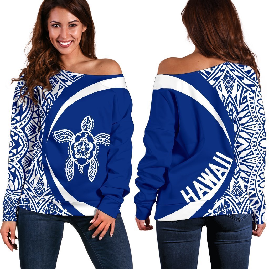 Hawaii Turtle Polynesian Women's Off Shoulder Sweater - Circle Style - AH - Blue J9-WOMENS OFF SHOULDER SWEATERS-Phaethon-Women's Off Shoulder Sweater-2XS-White-Vibe Cosy™