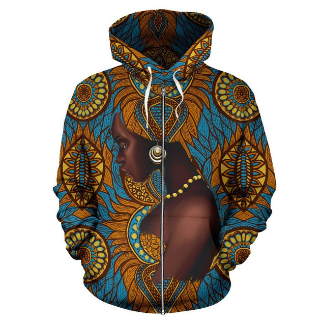 African Zip-Up Hoodie - Africa Black Girl Floral-ALL OVER PRINT ZIP HOODIES-HPArt-Men-S-Blue-Vibe Cosy™