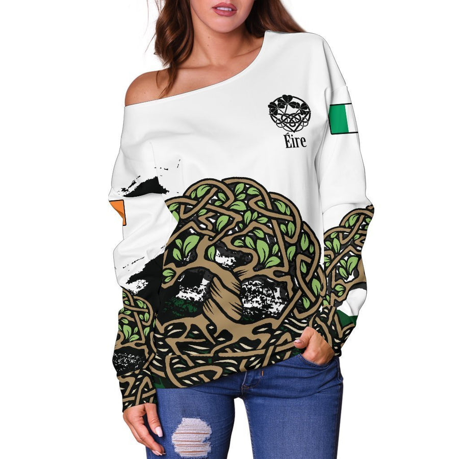 Celtic Tree of Life White Shoulder Sweater Version Z2-WOMENS OFF SHOULDER SWEATERS-HD09-Women's Off Shoulder Sweater - .-2XS-Vibe Cosy™