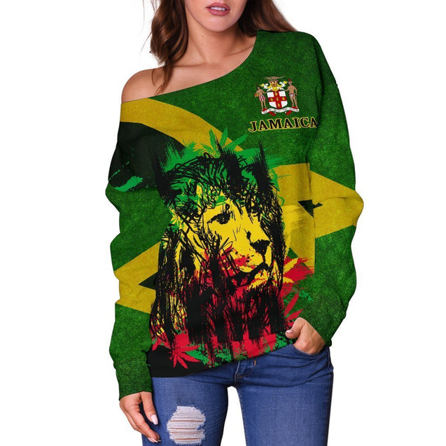 Jamaica - Jamaican Lion Off Shoulder Sweater A7-WOMENS OFF SHOULDER SWEATERS-Phaethon-Women's Off Shoulder Sweater-S-Vibe Cosy™