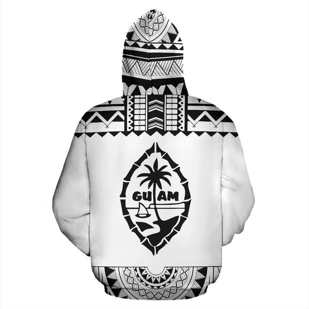 Guam All Over Zip-Up Hoodie - Polynesian White And Black-ALL OVER PRINT ZIP-UP HOODIES-HP Arts-Zip-Up Hoodie-S-White And Black-Vibe Cosy™