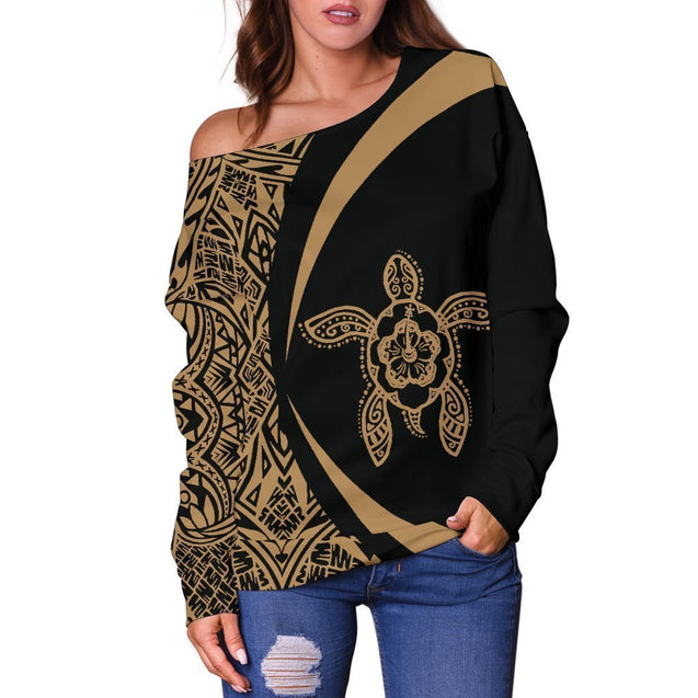 Hawaii Turtle Polynesian Women's Off Shoulder Sweater - Circle Style - AH - Golden J9-WOMENS OFF SHOULDER SWEATERS-Phaethon-Women's Off Shoulder Sweater-2XS-Vibe Cosy™