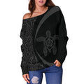 Hawaii Turtle Polynesian Women's Off Shoulder Sweater - Circle Style - AH - Black J9-WOMENS OFF SHOULDER SWEATERS-Phaethon-Women's Off Shoulder Sweater-2XS-White-Vibe Cosy™
