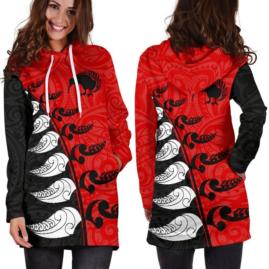 Aotearoa Silver Fern Koru Style Hoodie Dress Red K4-Apparel-HD09-Hoodie Dress-S-Vibe Cosy™