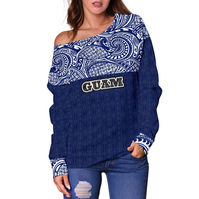 Guam Women's Off Shoulder Sweater - Polynesian Design-WOMENS OFF SHOULDER SWEATERS-HP Arts-Guam-2XS-Black-Vibe Cosy™