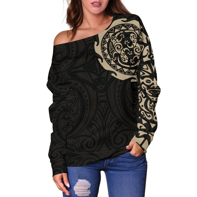 Maori Tangaroa New Zealand Off Shoulder Sweater - Tan A7-WOMENS OFF SHOULDER SWEATERS-HD09-Women's Off Shoulder Sweater - .-2XS-Vibe Cosy™