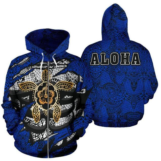 Aloha Turtle Hibiscus Polynesian Blue Hoodie-ALL OVER PRINT ZIP HOODIES (P)-Phaethon-Hoodie-S-Vibe Cosy™