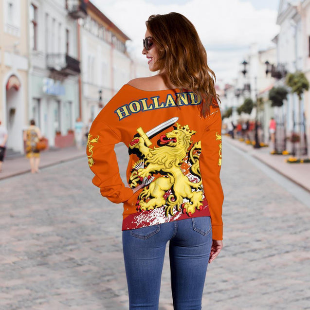 (Holland) Netherlands Lion Special Off Shoulder Sweater A7-WOMENS OFF SHOULDER SWEATERS-Phaethon-Women's Off Shoulder Sweater - .-2XS-Vibe Cosy™