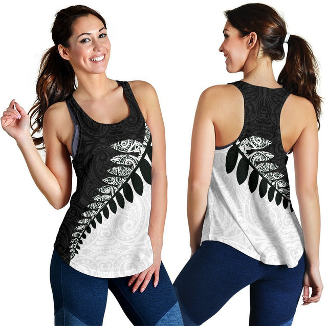 Silver Fern Women's Racerback Tank Black White K4-WOMENS RACERBACK TANK-HD09-Racerback Tank Top - .-XS-Vibe Cosy™