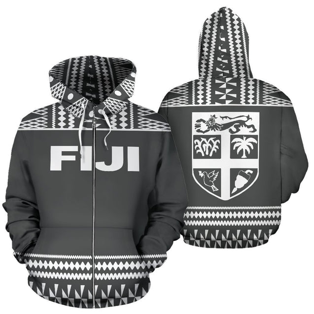Fiji Tapa All Over Zip-Up Hoodie - Grey And White Version - BN09-Apparel-Khanh Arts-Zipped Hoodie-S-Vibe Cosy™