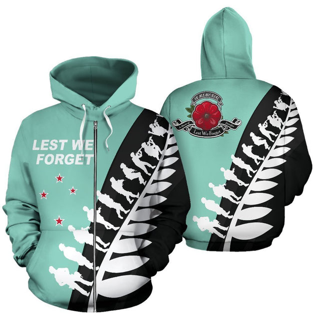 Lest We Forget - New Zealand Hoodie Mint K5-Apparel-Khanh Arts-Zipped Hoodie-S-Vibe Cosy™