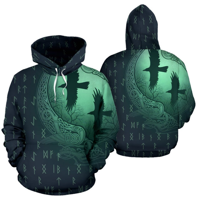 Viking Hoodie Raven And Odin'S Eye Green-Apparel-HP Arts-Hoodie-S-Vibe Cosy™