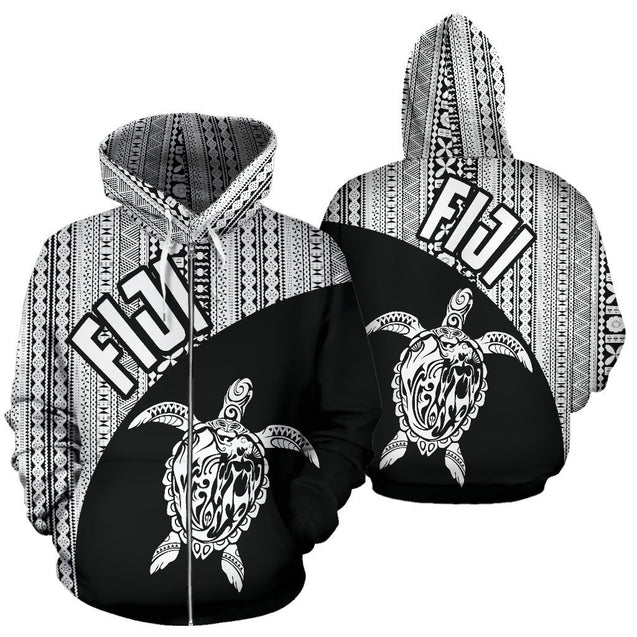 Fiji Zip-Up Hoodie Turtle Mermaid Tapa White Wave Th9-Apparel-Khanh Arts-Zipped Hoodie-S-Vibe Cosy™