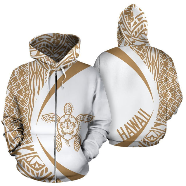 Hawaii Turtle Polynesian Hoodie - Circle Style Golden And White - AH - J9-ALL OVER PRINT HOODIES (P)-Phaethon-Zip-S-Vibe Cosy™