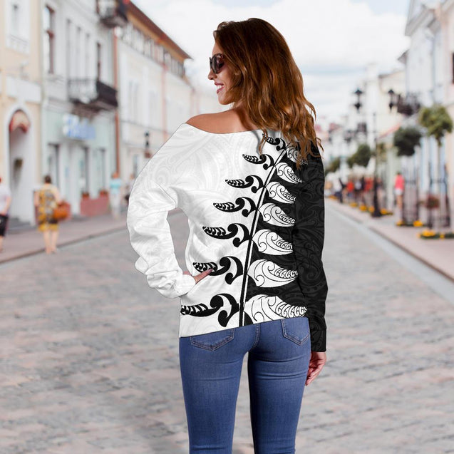 Aotearoa Silver Fern Koru Style Off Shoulder Sweater Black White K4-WOMENS OFF SHOULDER SWEATERS-HD09-Women's Off Shoulder Sweater - .-2XS-Vibe Cosy™