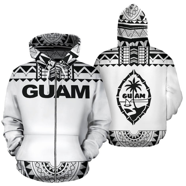 Guam All Over Zip-Up Hoodie - Polynesian White And Black-ALL OVER PRINT ZIP-UP HOODIES-HP Arts-Zip-Up Hoodie-S-White And Black-Vibe Cosy™