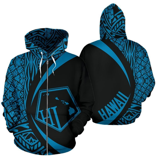 Hawaii Polynesian Tribal Zip-up Hoodie Blue Color - Circle Style - AH-ALL OVER PRINT ZIP HOODIES (P)-Phaethon-Zip-Up Hoodie-S-Vibe Cosy™