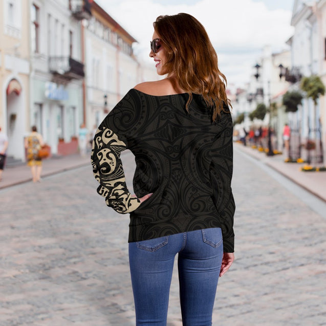Maori Tangaroa New Zealand Off Shoulder Sweater - Tan A7-WOMENS OFF SHOULDER SWEATERS-HD09-Women's Off Shoulder Sweater - .-2XS-Vibe Cosy™