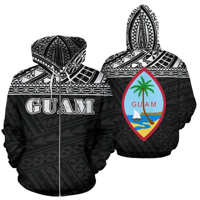 Guam All Over Zip-Up Hoodie - Polynesian Black Version-ALL OVER PRINT ZIP-UP HOODIES-HP Arts-Zip-Up Hoodie-S-White-Vibe Cosy™