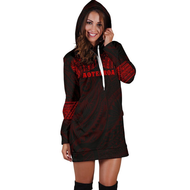 Aotearoa Maori Tattoo Hoodie Dress Red K4-Apparel-HD09-Hoodie Dress-S-Vibe Cosy™