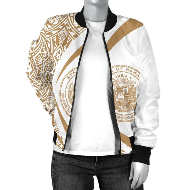 Hawaii Coat Of Arm Women's Bomber Jacket - Circle Style 06 - AH - J1-BOMBER JACKETS (P)-Phaethon-Women's Bomber Jacket-S-White-Vibe Cosy™