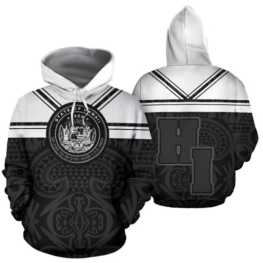Hawaii Coat Of Arms Hoodie - Black And White J9-ALL OVER PRINT HOODIES (P)-Phaethon-Hoodie-S-Vibe Cosy™