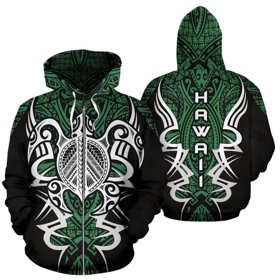 Hawaii Turtle Tribal Green Hoodie - Armor Style - AH J9-ALL OVER PRINT ZIP HOODIES (P)-Phaethon-Hoodie-S-Blue-Vibe Cosy™