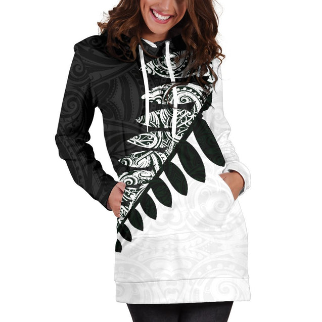 New Zealand Silver Fern Hoodie Dress Black White K4-Apparel-HD09-Hoodie Dress-S-Vibe Cosy™