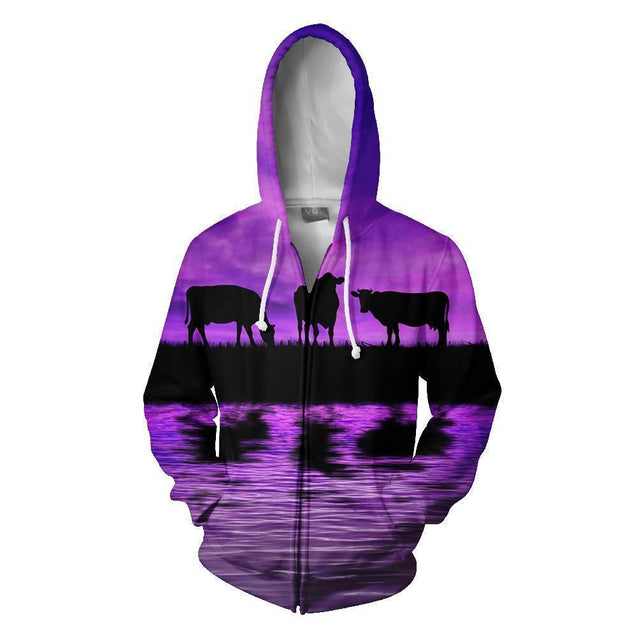 Sunset and Cow Violet Backgroud Hoodie-Apparel-HD09-Zipped Hoodie-S-Vibe Cosy™